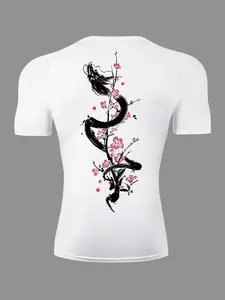 Men's Cherry Blossom Print Round Neck Short Sleeve Tee, Sporty Athletic Style Activewear Fitness Sport Top Athletic Clothes Quick Drying Breathable Workout Tops T-shirt for Gym Workout Running, Men's Top for Summer Dry Fit Shirts