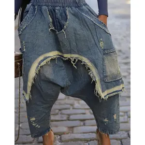 2025 Women's Loose Fit Denim Patchwork Pants straight wide leg khaki fish