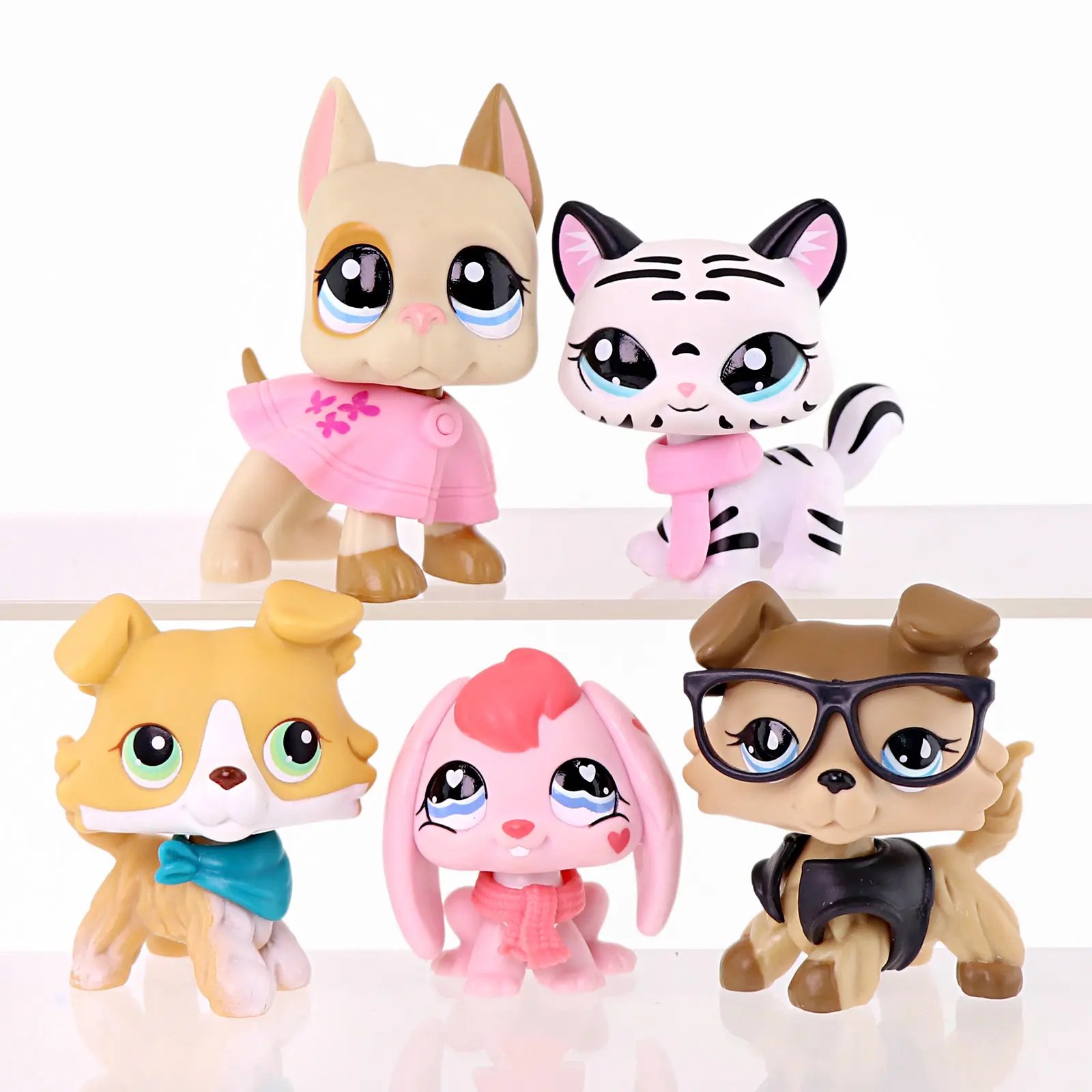 5-Pack Cartoonish PVC Plastic Mini Animal Figurines Set - Bull Terrier, Striped Tiger Cat, Collie Puppy, Pink Bunny, Fluffy Dog with Floral Print Dress, Scarf, Glasses, Vest Detachable Accs, Kids Party Favors Gift, Five Pieces