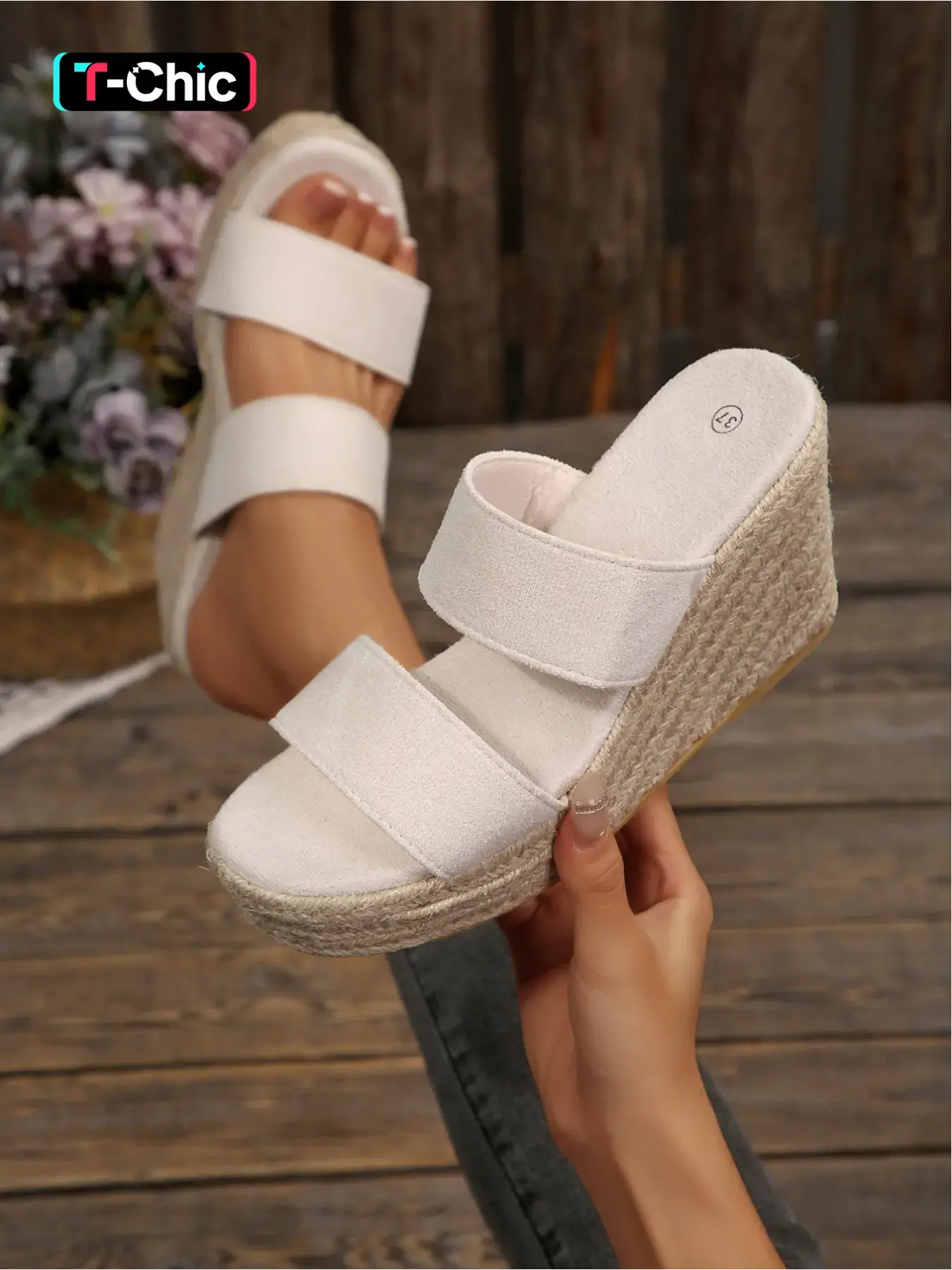 New large-size women's two-strap round-toe wedge sandals with jute soles, stylish, simple, comfortable for daily commuting, thick-soled wedge sandals Espadrilles Wedges Sandals