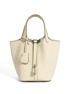 Women's Fashion Basket Handbag, Summer Top Grain Leather Large Capacity Bucket Bag, Casual Plain Design for All Occasions, Casual Trendy Handbag