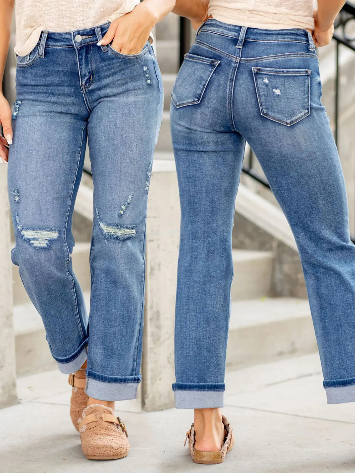 Women's Retro Straight Leg Jeans - Comfortable Mid-Waist Ripped Denim, Distressed Ankle-Length Pants for Casual Streetwear & Office Outfits, Trend, Clothes, Girl, Bottoms, Smooth, Everyday, Fabric, Office Wear, Basic Womenswear Breathable, Zipper, Style