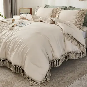 Beige Comforter California King, 3 Boho Tassel Lightweight Comforter Sets for King, Fluffy Fringe (104x96In Comforter  2 Pillowcases)