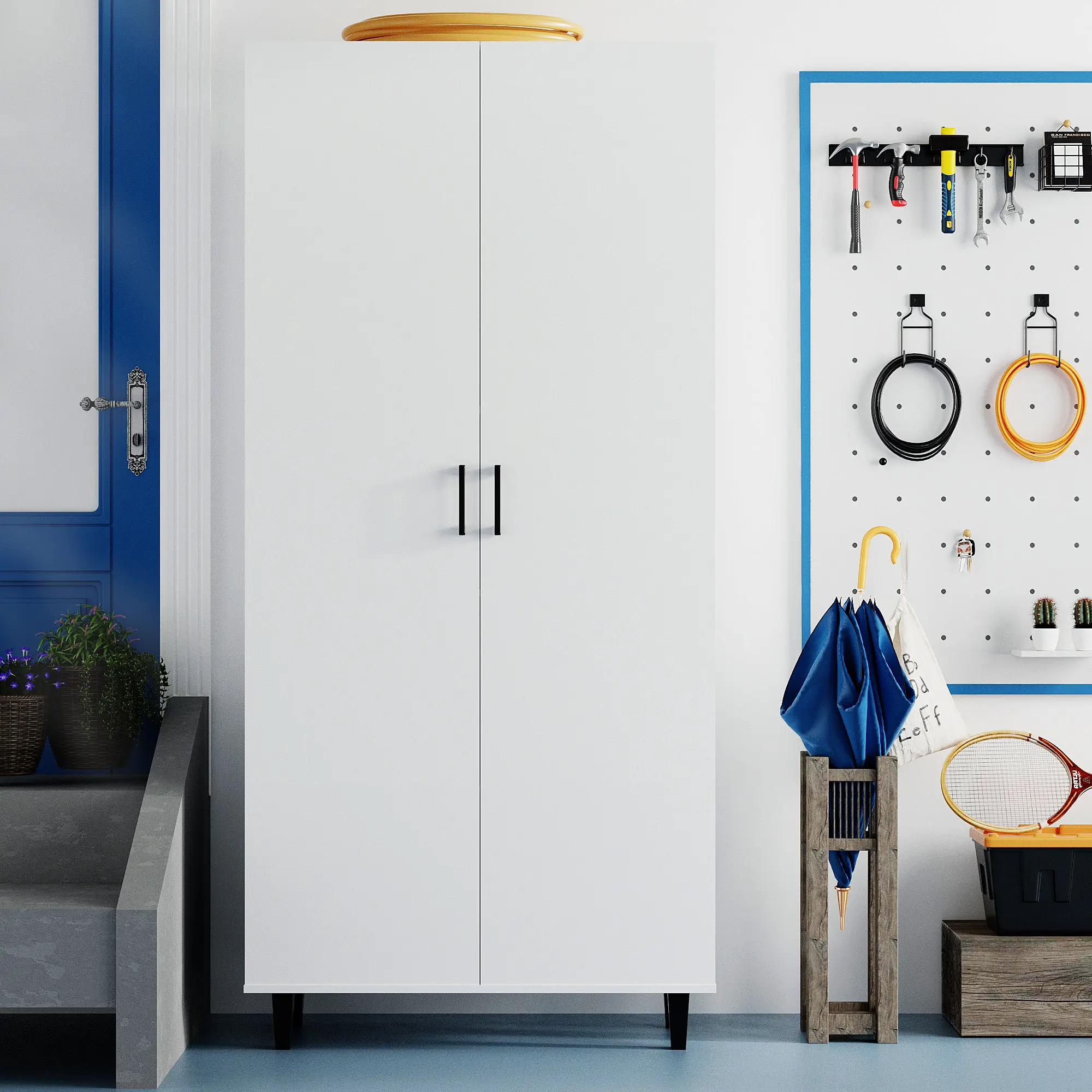 77" H Storage Cabinet with with Doors and Adjustable Shelves for Pantry, Laundry, Office, or Garage