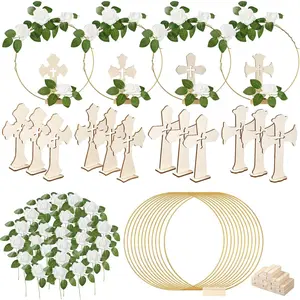 48 count Baptism Centerpieces for Tables - Baptism Table Decorations - 12  Crosses, 12 Metal Floral Hoops with Stands, and 24  Roses - Garland Strands Kit for Baptism Party, Wedding Decor