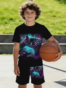 2PCS Kids Casual Short Sleeve & Shorts 2 Piece Set, Cartoon Pattern, Cute & Comfortable Summer Clothing For Boys, Children