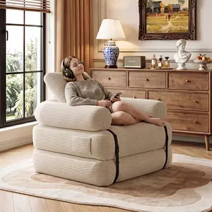 Foldable corduroy recliner sofa chair, 2-in-1 multifunctional single sofa bed with side pockets,  bedrooms, and small apartments, vacuum compressed shipping, bone-free cloud recliner sofa boneless sectional couch