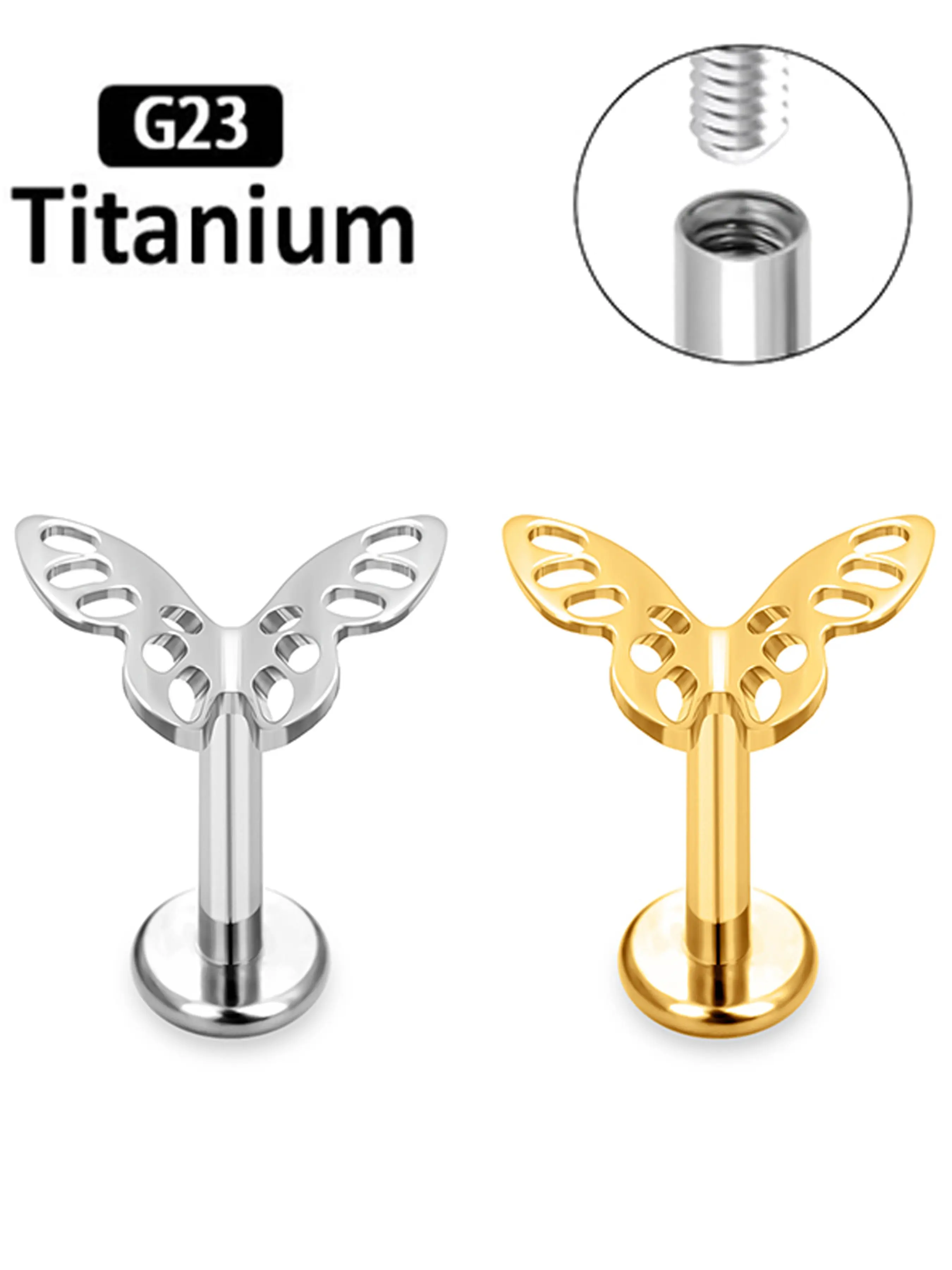 1pc G23 Titanium Lip Rings 16g 18g, Butterfly Labret Cartilage Tragus Nose Helix Stud Earrings, Punk Style, All Seasons, Body Jewelry