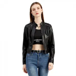 2025 Women's Rivet Leather Jacket Spring & Autumn Long Sleeve Stand Collar Fashion Coat S-4XL Black Fitted Minimalist Outerwear for Casual Wear