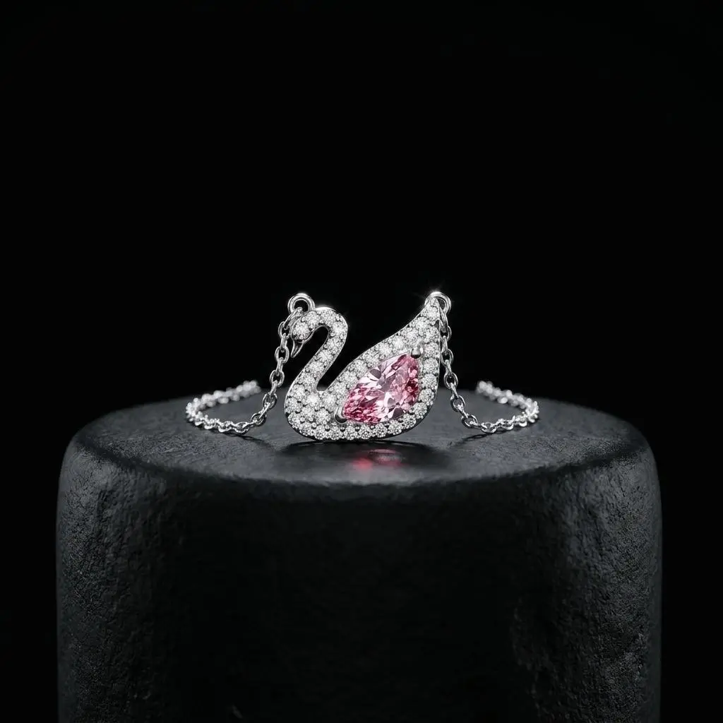 SANEFI Pink Crystal Swan Pendant Necklace – Elegant Jewelry for Women