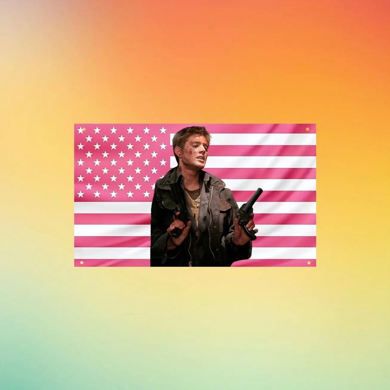 Dean Winchester Pink US Flag Wall Tapestry | Jensen Ackles Supernatural Wall Flag | Hunter Bedroom Decor | SPN Fan Gift