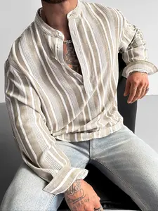 Men's Linen-Like Striped Casual Loose Shirt, Lightweight & Breathable Design, Perfect for Beach Vacations, Dates, Daily Wear, Autumn-Winter Layers, Menswear