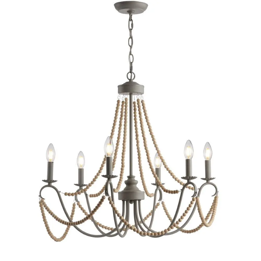 JONATHAN Y Rustica 27" Adjustable Greige Metal/Wood Bead LED Chandelier JONATHAN Y Rustica 27" Adjustable Greige Metal/Wood Bead LED Chandelier