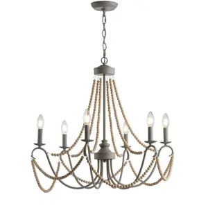 JONATHAN Y Rustica 27" Adjustable Greige Metal/Wood Bead LED Chandelier JONATHAN Y Rustica 27" Adjustable Greige Metal/Wood Bead LED Chandelier