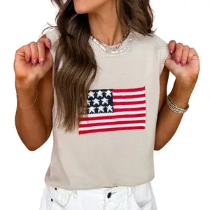 Asvivid Womens American Flag Sleeveless Sweater Tops Knitwear Vests Womenswear Casual Top Summer Clothes