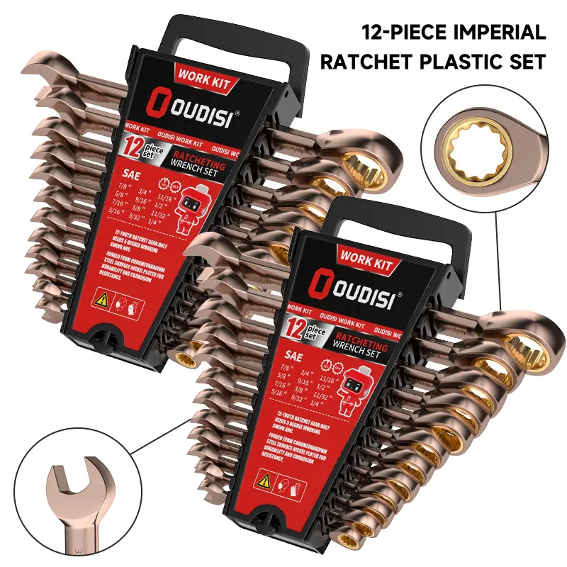 OUDISI 12-Piece Imperial Ratcheting Wrench Set - Chrome Vanadium Steel, SAE Sizes, Quick-Release, Offset Wrench, Multi-Purpose Ratchet Combination, Ergonomic Grip for Auto Repair, Home Use