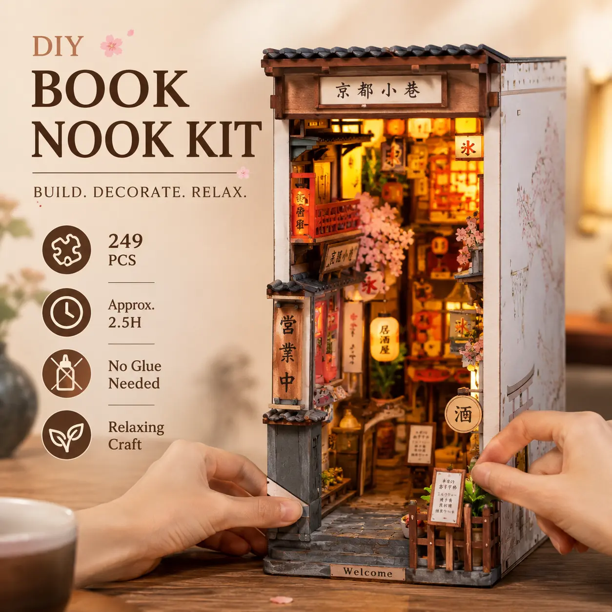 Rolife Sakura Wine Alley DIY Book Nook Shelf Insert Building Block Set, Japanese Izakaya Ramen Alley Miniature Blocks Kit with Lanterns, Cherry Blossoms, Realistic Street Food, Whimsical Home Decor, Cool Gifts for Kids, Mini Gifts
