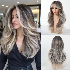 Simone-DWY Long-length Layer-cut Wave Grey Gradient Glueless Synthetic Wig with Bangs for Women 22 Inches