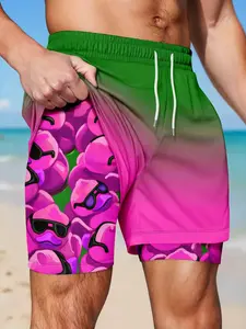 Summer Quick-Dry Breathable Men's Two-Layer Beach Shorts, Anti-See-Through Lining + Cartoon Print, Beach/pool/gym Multisport Shorts