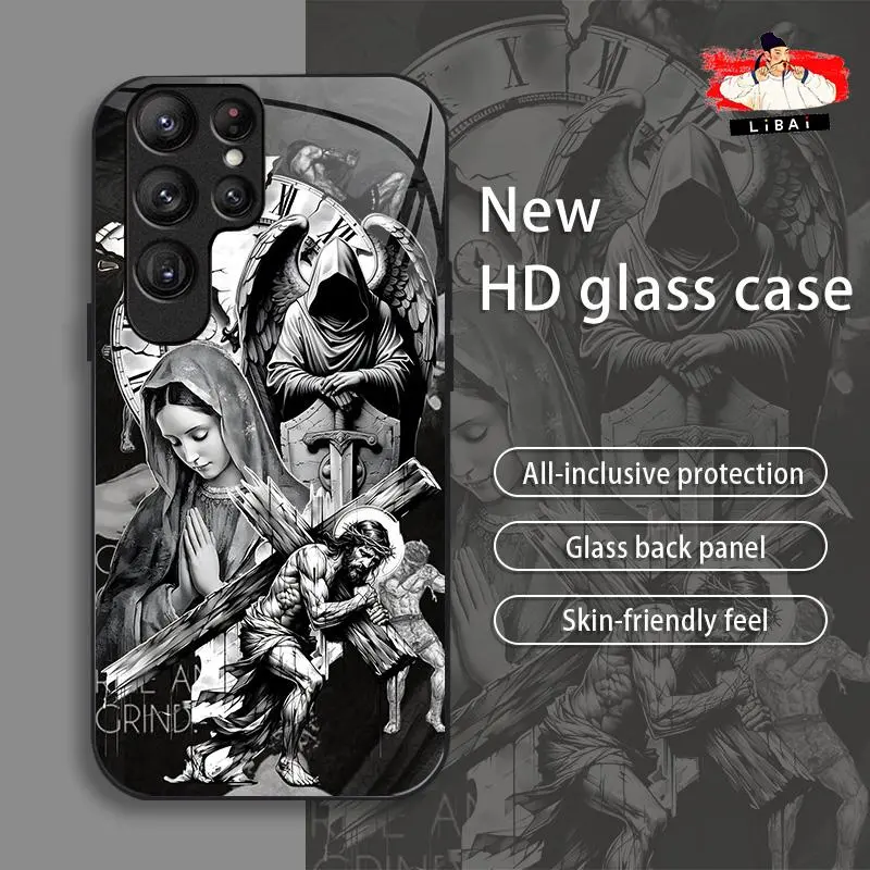 Jesus Themed Stylish High-Quality Glass Protective Case for Galaxy S24 Ultra Smartphone, Handheld Cellphone Protection, Affordable, Anti-Drop, Anti-Fingerprint, Model 995