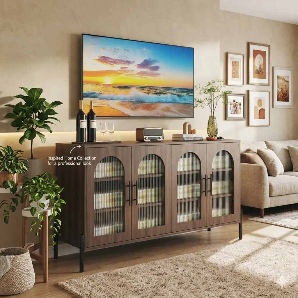 55" Modern Fluted Decorative Glass 4-Door Sideboard - 4-Compartment Design, Adjustable Rack, Configurable, Wood Buffet Cabinet with Storage for Living Room, Kitchen, Dark Walnut, 4-Compartment Design Sideboards, Adjustable Rack Sideboards