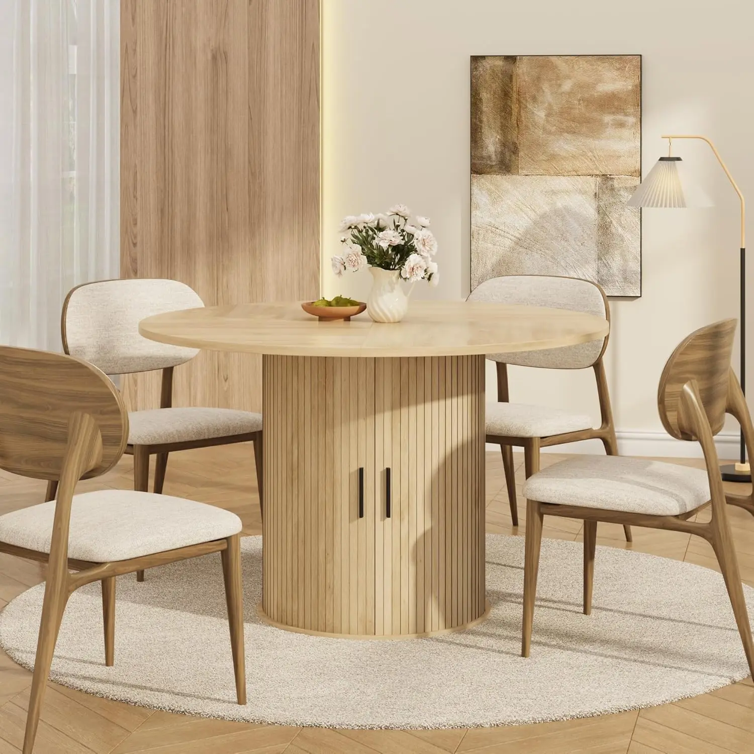 🍽️ 47" Round Walnut Dining Table – Hide the clutter in hidden shelf – Pedestal Base, Seats 4 – Perfect for Small Kitchens & Dining Rooms ✨