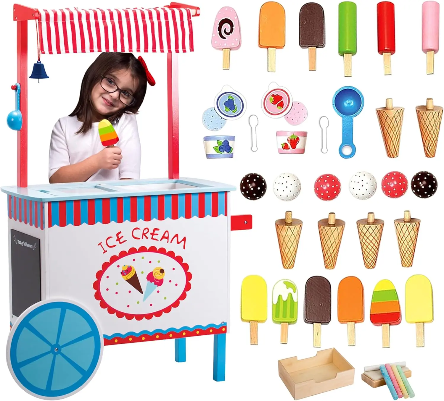 Ice Cream Cart Kids Pretend Play Stand- 33+ Pc Accessories, Realistic Premium Wooden Toy Set, Money Box, Chalkboard & Icecream Truck- Popsicles, Cones & Unique Flavors, Girls Boys Role Play