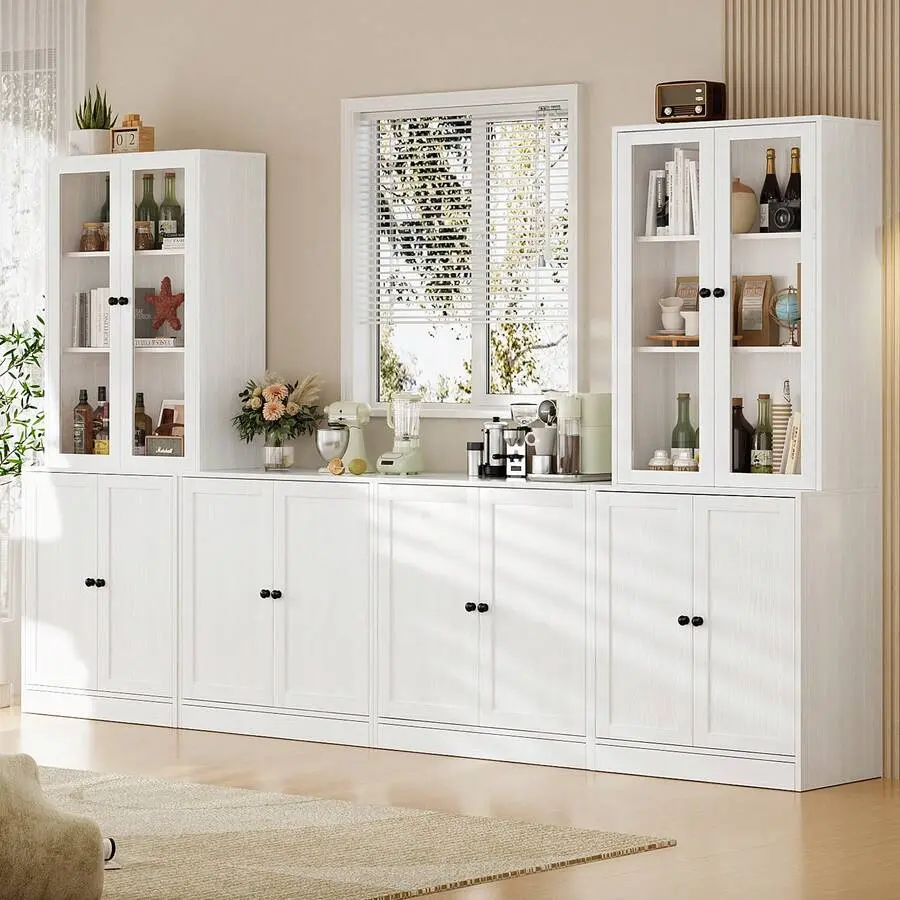 4Pcs Kitchen Pantry Storage Cabinet,Modular Furniture Cabinets  Large Countertop & Diplay Glass Doors,Wooden Sideboard Hutch Buffet Cabinet  Shelves For Dining Room,Living Room Wall Mounted Floating TV Stand with Lights