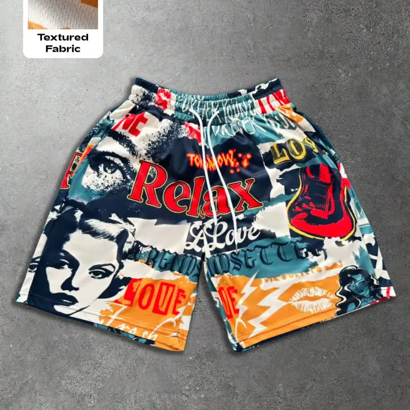 Men's Casual Drawstring Waist Shorts, Vintage Portrait & Letter Print, Graphic Shorts, Textured Fabric, Loose Fit, Street Style, Streetwear, Summer Daily Wear, Menswear, Drawstring Waistband Shorts