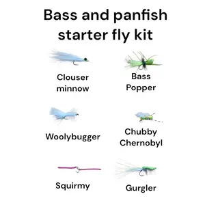 Bass and Panfish Starter Fly Kit - Includes Clouser Minnow Bass Popper Woolybugger Chubby Chernobyl Squirmy Gurgler Flies