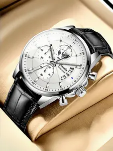 Men's Business Casual Quartz Watch, Luminous Hands and Markers, Calendar Function, Leather Strap, Silver Color Stainless Steel Case