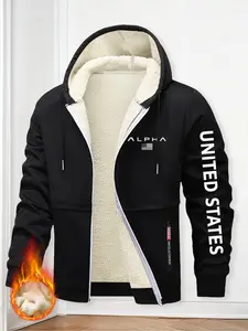 Men's Vintage Print Fleece Lined Jacket, Winter Outdoor Casual Warm Hooded Long Sleeve Zipper Cardigan, Cartoon Pattern, Fitted Style Jesus Saved My Life Cross Graphic Warm Religious Fashion Jacket