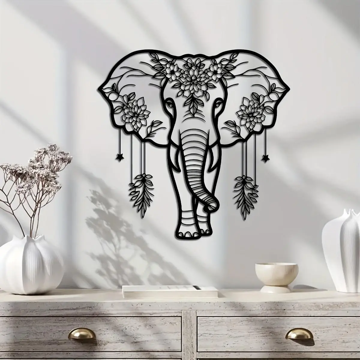 Iron Elephant Wall Art Decor, Aesthetic Wall Decor, Bohemian Floral Design, Living Room Hanging Decoration, Creative Home Gift, Unique Wall Sculpture, Decoration Items