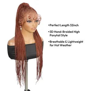 YMSGIRL #350 Red Copper 32" Full Lace Braided Ponytail Wig For Women Pre-Plucked Hairline Bold Synthetic Hair Comfortable Fit Ponytailwig