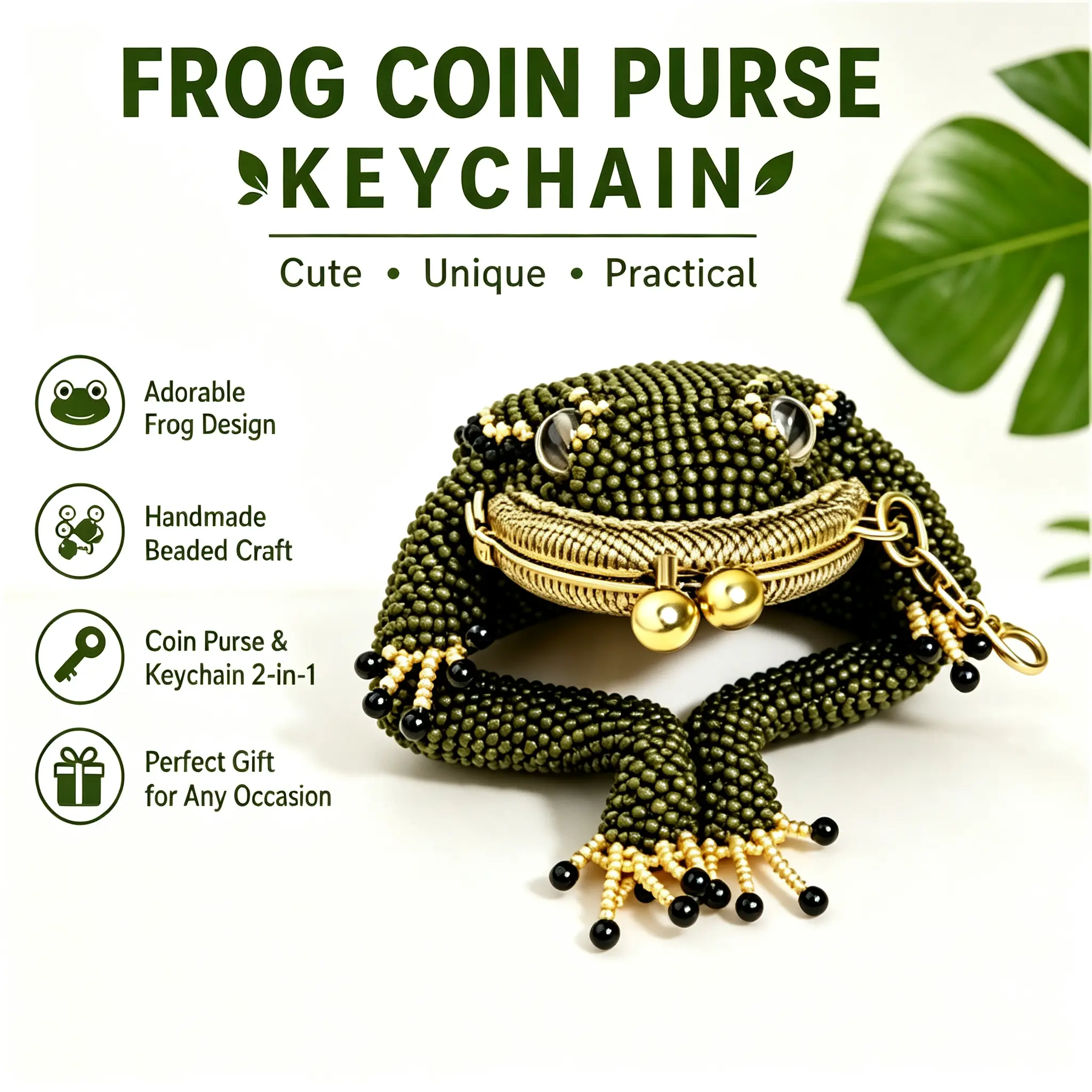 Whimsical Beaded Frog Coin Purse Keychain - Handmade Multi-Use Unisex 2-in-1 Fashion Accessory, Practical Costume Jewelry Gift for Daily Use & Gifting Occasions, Beading key chain cute