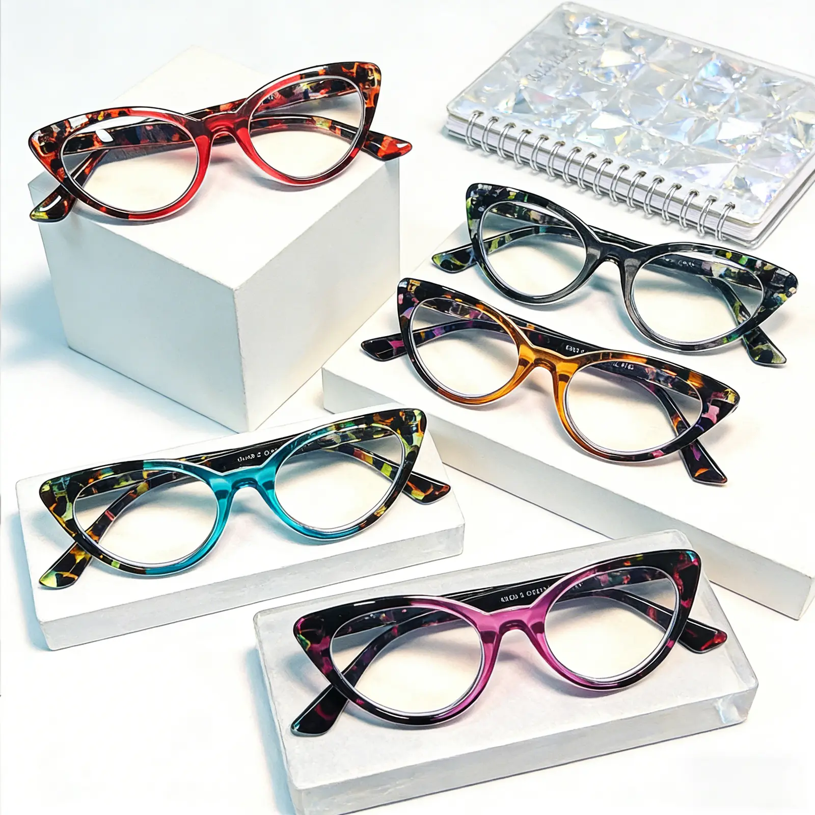 Women's Retro Cat-Eye Reading Glasses, 5-Pair Pack with Printed Full Rim Plastic Frames, Blue-Light Blocking Resin Lenses & Spring Hinges, High Quality Eyewear, Statement Frame Glasses, Multi Pack, Computer/Phone
