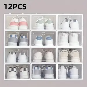 12-Piece Stackable Plastic Shoe Storage Box Set, Transparent Shoe Organizer with Ventilation Holes, Space-Saving Foldable Design, Durable and Stylish
