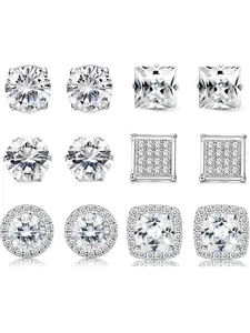 Stainless Steel Cubic Zirconia Earrings for Women & Men, 6 Pairs Set, Halo Design, Round & Square Shapes, Elegant Jewelry Gift