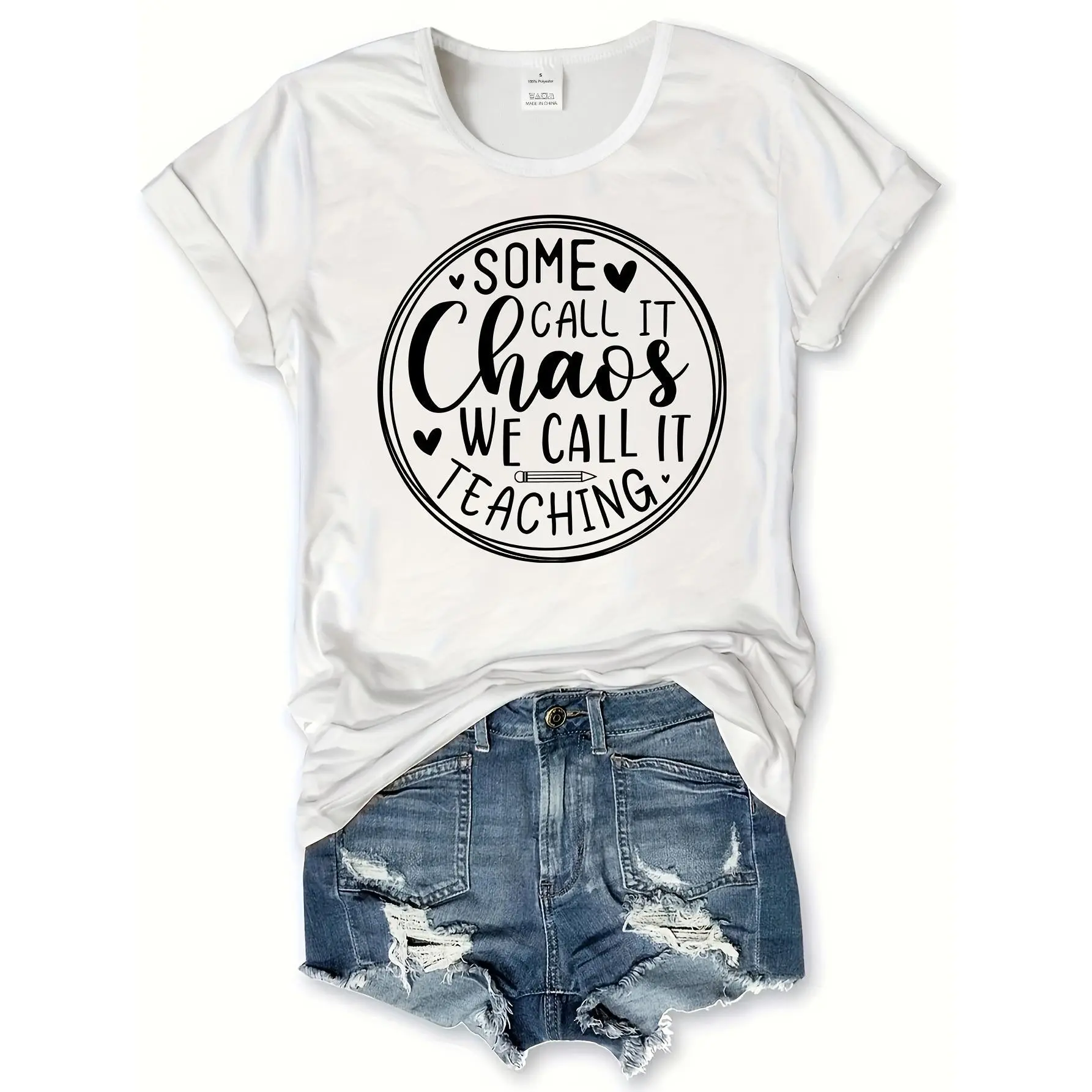 Women's 100% Cotton Graphic T-Shirt - Basic Short-Sleeve Round Neck Fitted Top with Alphabet, Geometric, Digital Print Fabric for Teacher Appreciation Casual Wear, Shortsleeve, Fitted Cut, Graphic Tee, Alphabet Print