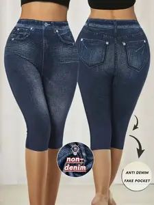 Women's Printed Skinny Pants Non-Denim Fabric, Ladies Seven-Inch Print Jeans-Like Bottoms, All Seasons Fashion