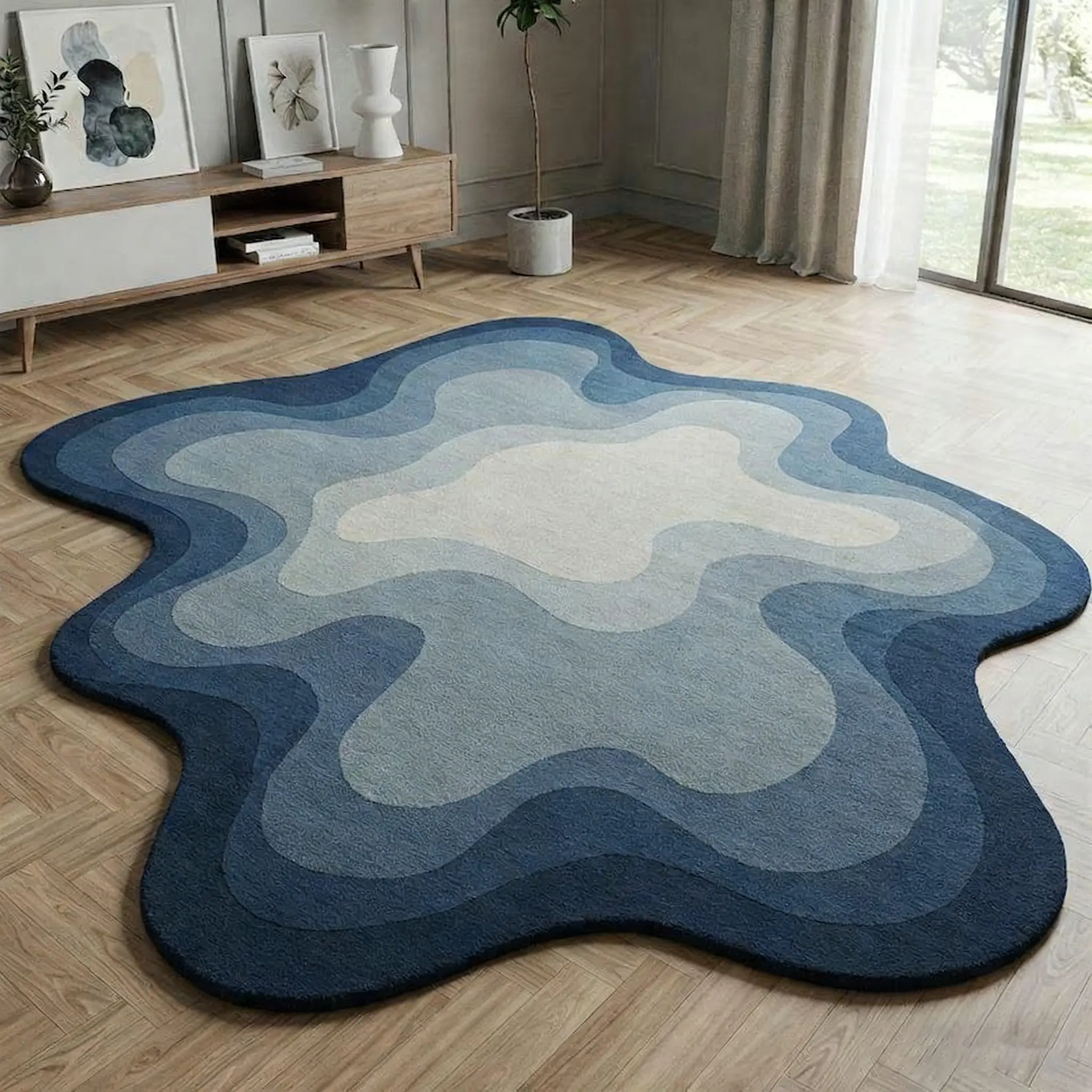 Modern Geometric American Luxury Gradient Stripe Print Carpet, Fashion Art Simple Plush Rug, Easy Care Large Area Mat for Living Room Bedroom Balcony, Soft Area Rug