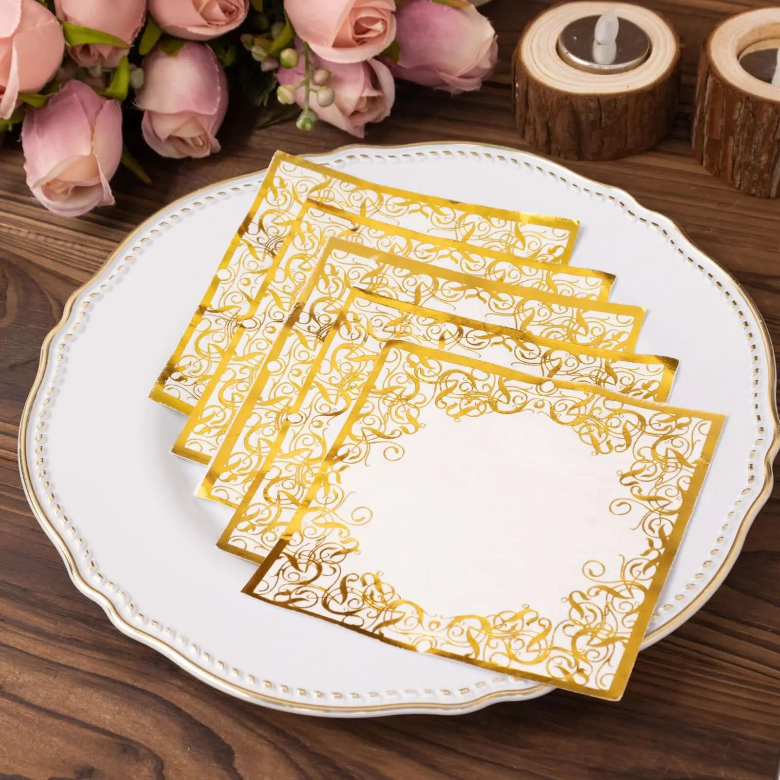 3-Ply Square Paper Napkins, 20-Pack 18GSM Disposable White Table Napkins with Gold Foil Lace European Design, 5"x5" Party Events Tableware for Wedding & Home Supplies
