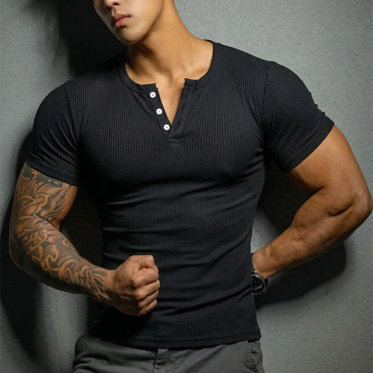 Men's Short Sleeve Henley Shirt with Three Button Front and Crew Neck Design