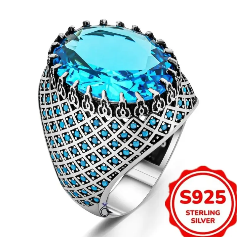 Men's Blue Moissanite Ring in 925 Silver, Retro Look Statement Jewelry for Wedding, Daily Wear & Father's Day Gifts, Rings, Male, No
