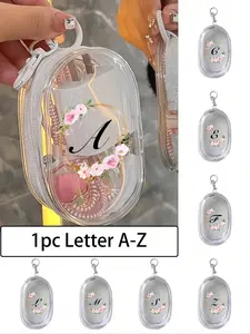 Portable Mini Transparent Zipper Storage Bag,Pink Flower Wreath Letters A-Z，Couple Bag Pendant，Compact Multifunctional Organizer, Headphone And Charger Case With Keychain, Transparent Travel Accessories, Black Colors, Exquisite Compact, Floral