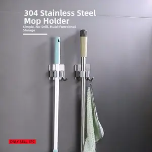 Stainless Steel Wall-Mounted Mop and Broom Rack, No Drilling, Multi-Functional Storage Organizer for Bathroom, Kitchen, Garden