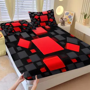 Cyber Neon Red & Black Giant Cube Fitted Sheet Set, 1 Fitted Sheet and 2 Pillowcases, Visual Impact Geometric Design, Soft Skin-Friendly Anti-Slip Wrinkle Resistant, Teens Personalized Cool Bedroom Decor, Decorative Bedsheet Sets