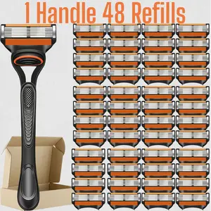 Men's Shaving Razor Set, 1 Handle & 12/24/36/48 Refills, 6-Layer Blade Technology, Nano-Cut Precision, Stainless Blades, Stainless Steel, Waterproof Packaging