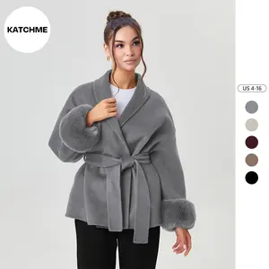KatchMe Women's Elegant Solid Color Waist Tie Fuzzy Cuff Wrap Coat, Premium Plush Long Sleeve Thermal Coat, Outerwear Jacket for Fall & Winter（CN）