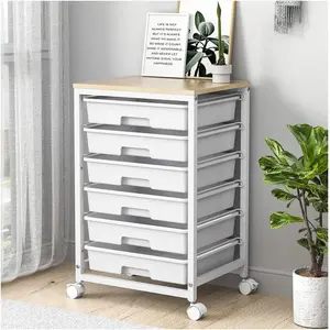 Rolling Cart with Drawers, Utility Cart with 6 Drawers, Rolling Storage Cart with Drawers and Wooden Tabletop & Lockable Wheel, White